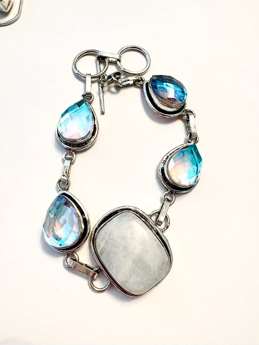 925 marked, Rainbow Moonstone + Rainbow Fire Topaz Garnet bracelet, size 8–8 1/2